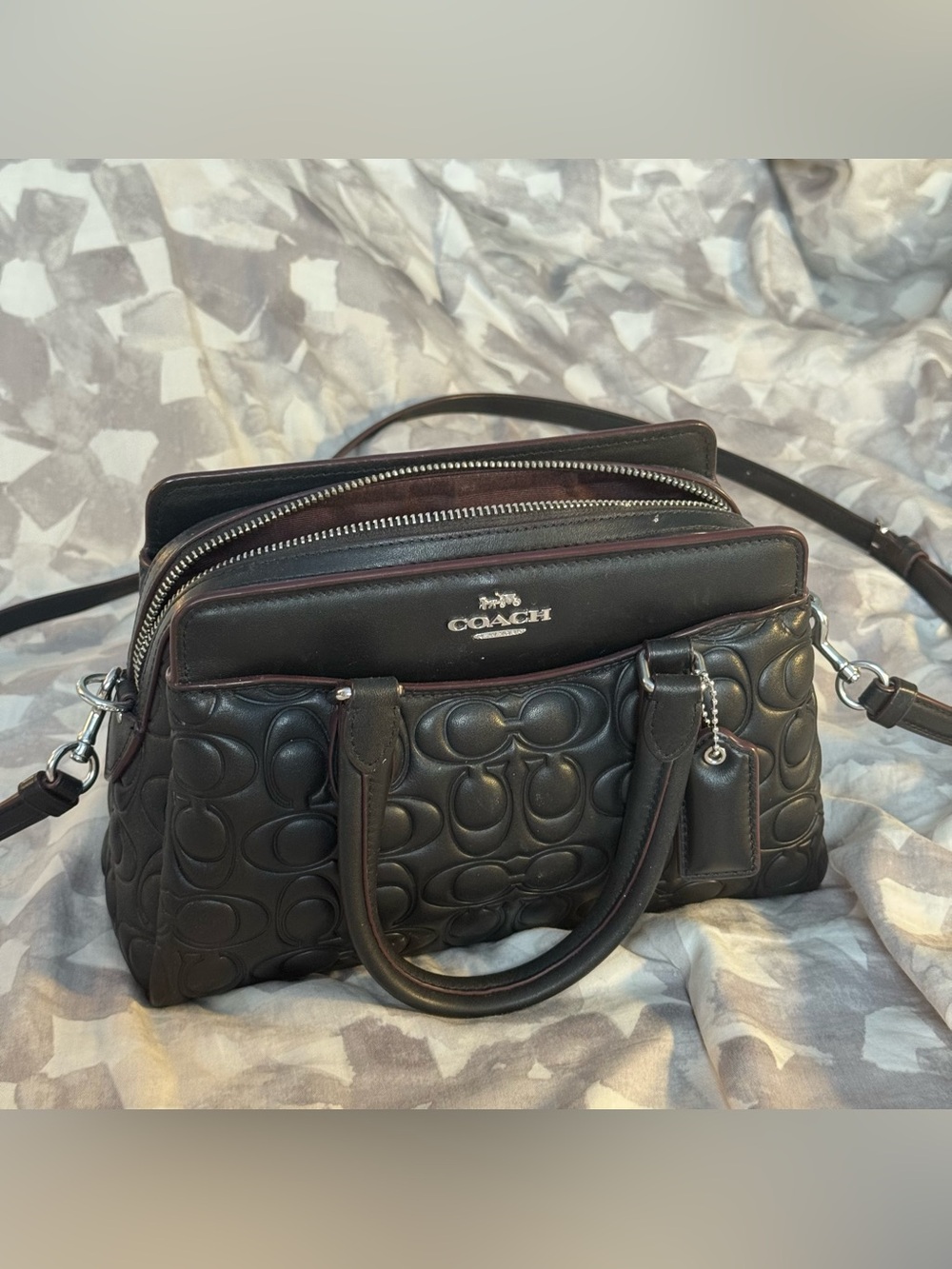 Coach mini black leather Darcie carryall purse with silver hardware